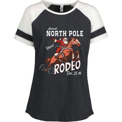 Retro Country Western Santa On Bucking Horse Christmas Enza Ladies Jersey Colorblock Tee