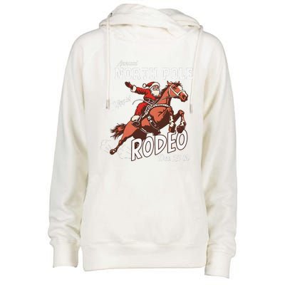 Retro Country Western Santa On Bucking Horse Christmas Womens Funnel Neck Pullover Hood