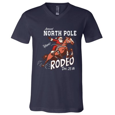 Retro Country Western Santa On Bucking Horse Christmas V-Neck T-Shirt