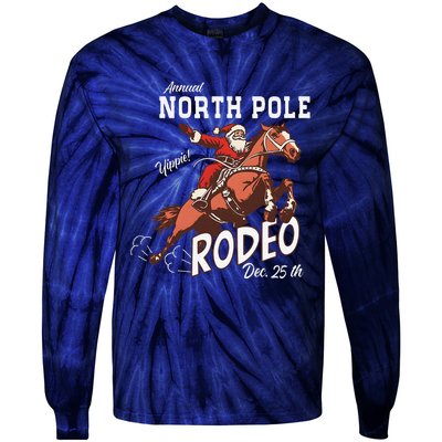 Retro Country Western Santa On Bucking Horse Christmas Tie-Dye Long Sleeve Shirt