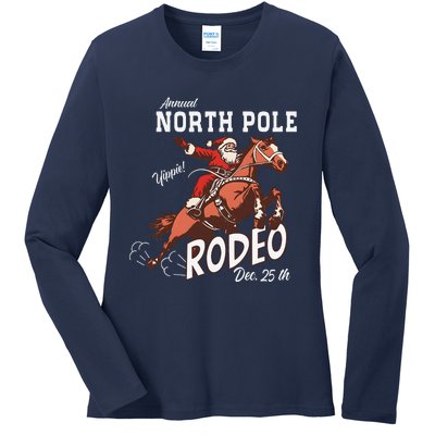 Retro Country Western Santa On Bucking Horse Christmas Ladies Long Sleeve Shirt