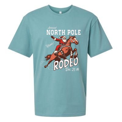 Retro Country Western Santa On Bucking Horse Christmas Sueded Cloud Jersey T-Shirt