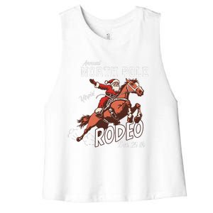 Retro Country Western Santa On Bucking Horse Christmas Women's Racerback Cropped Tank