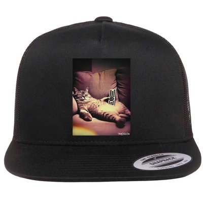Relaxed Cat With Remote Couch Flat Bill Trucker Hat