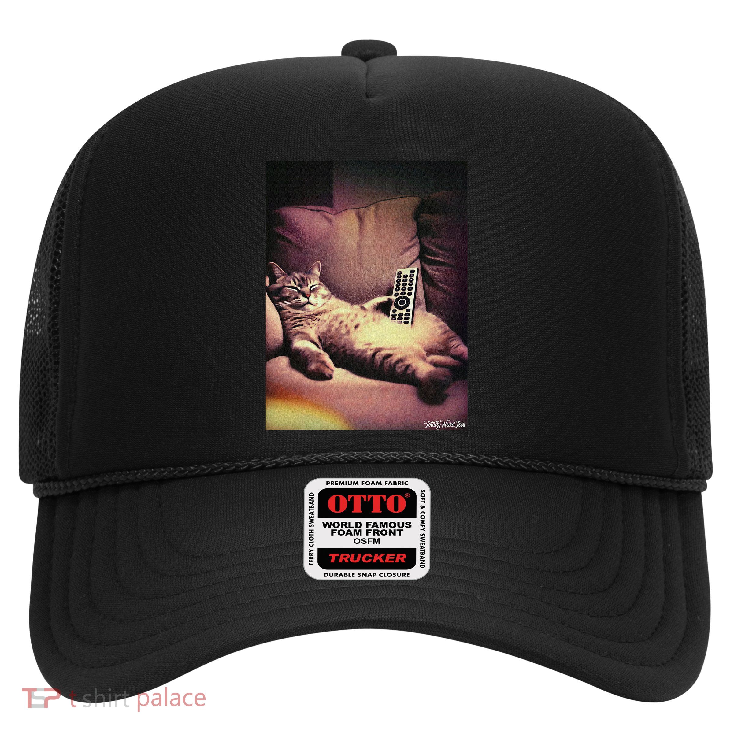 Relaxed Cat With Remote Couch Trucker Hat