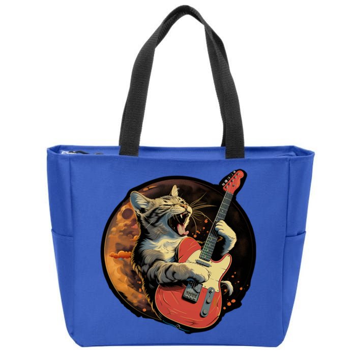 Rockstar Cat With Electric Guitar Musical Cat Love Great Gift Zip Tote Bag