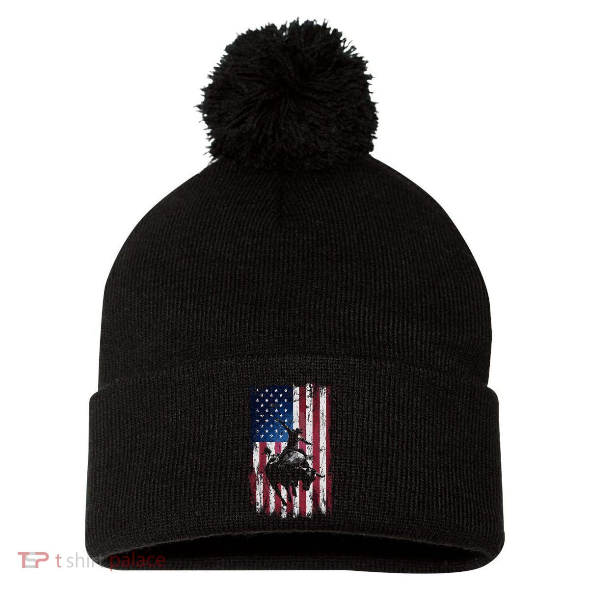 Rodeo Cowboy Western Usa Flag Cowboys Pom Pom 12in Knit Beanie