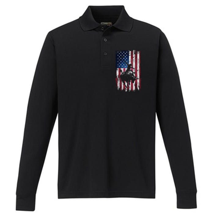 Rodeo Cowboy Western Usa Flag Cowboys Performance Long Sleeve Polo