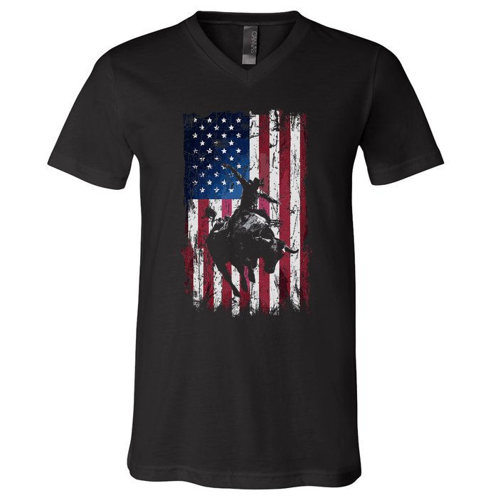 Rodeo Cowboy Western Usa Flag Cowboys V-Neck T-Shirt