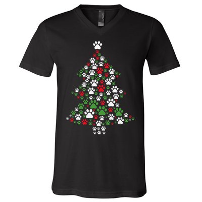 Retro Cute Xmas Dog Paw Print Christmas Tree Puppy Lover V-Neck T-Shirt