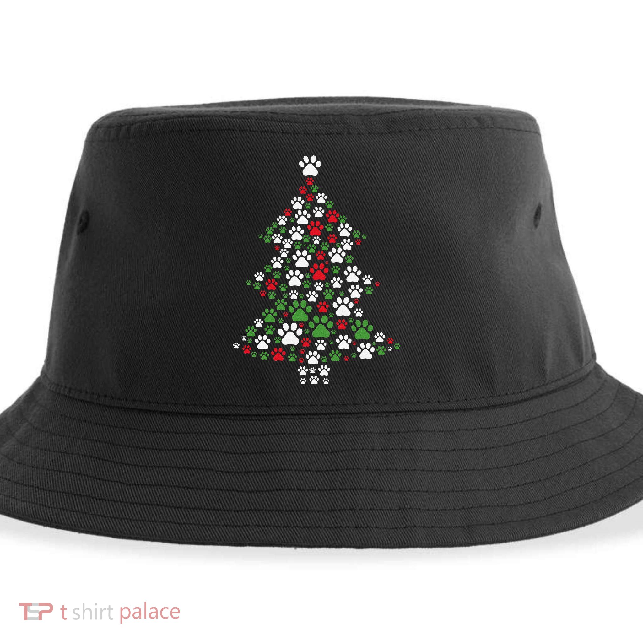 Retro Cute Xmas Dog Paw Print Christmas Tree Puppy Lover Sustainable Bucket Hat