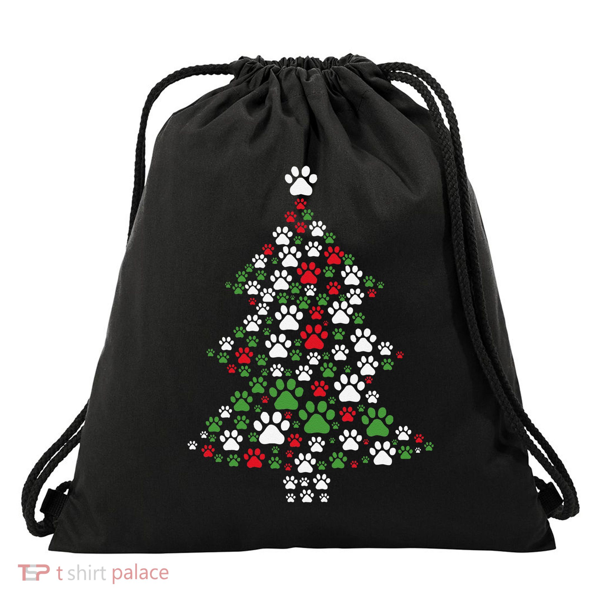 Retro Cute Xmas Dog Paw Print Christmas Tree Puppy Lover Drawstring Bag