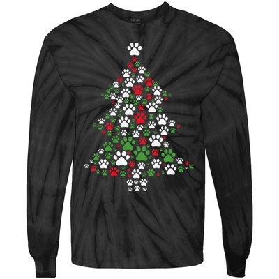 Retro Cute Xmas Dog Paw Print Christmas Tree Puppy Lover Tie-Dye Long Sleeve Shirt