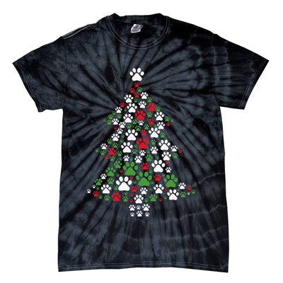 Retro Cute Xmas Dog Paw Print Christmas Tree Puppy Lover Tie-Dye T-Shirt