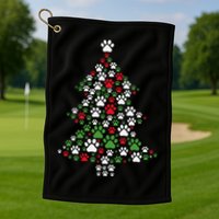 Retro Cute Xmas Dog Paw Print Christmas Tree Puppy Lover Golf Towel