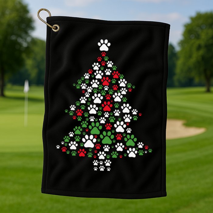 Retro Cute Xmas Dog Paw Print Christmas Tree Puppy Lover Golf Towel