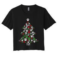 Retro Cute Xmas Dog Paw Print Christmas Tree Puppy Lover Women's Crop Top Tee