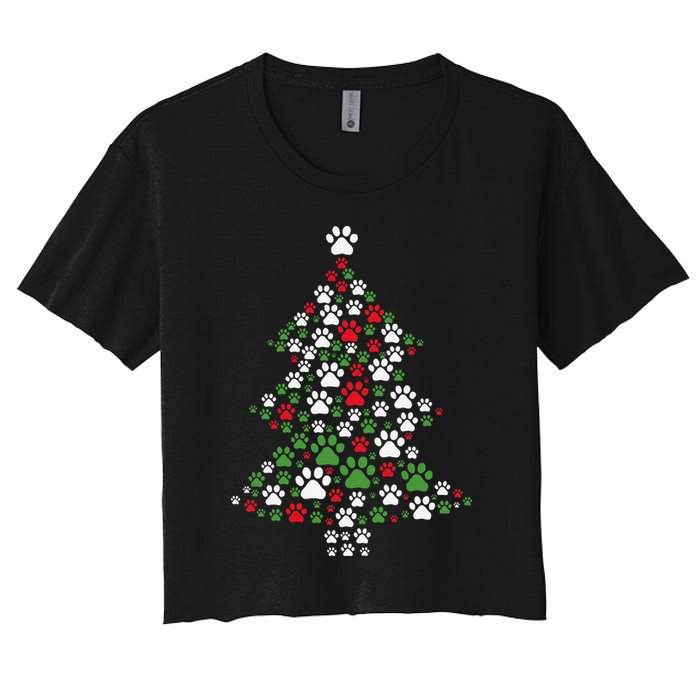 Retro Cute Xmas Dog Paw Print Christmas Tree Puppy Lover Women's Crop Top Tee