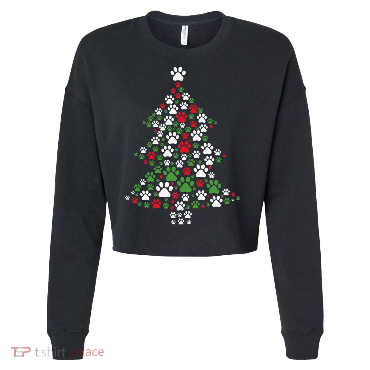 Retro Cute Xmas Dog Paw Print Christmas Tree Puppy Lover Cropped Pullover Crew