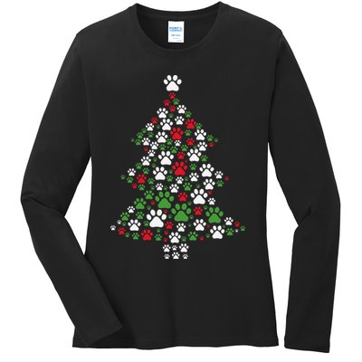 Retro Cute Xmas Dog Paw Print Christmas Tree Puppy Lover Ladies Long Sleeve Shirt