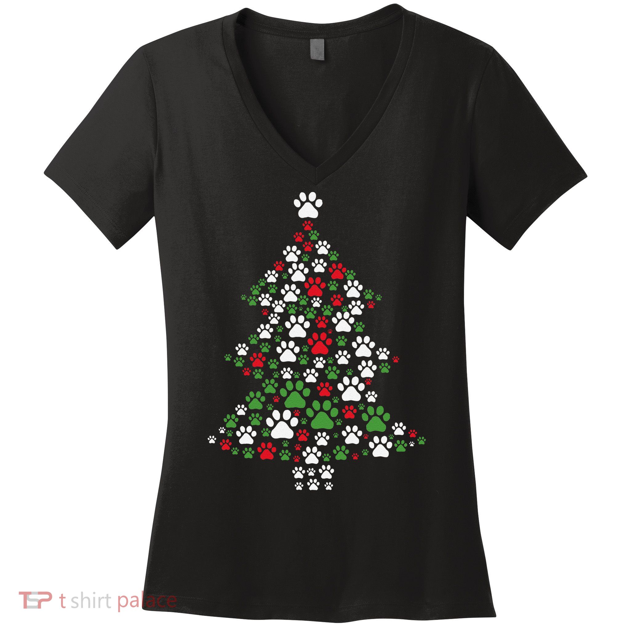 Retro Cute Xmas Dog Paw Print Christmas Tree Puppy Lover Women's V-Neck T-Shirt