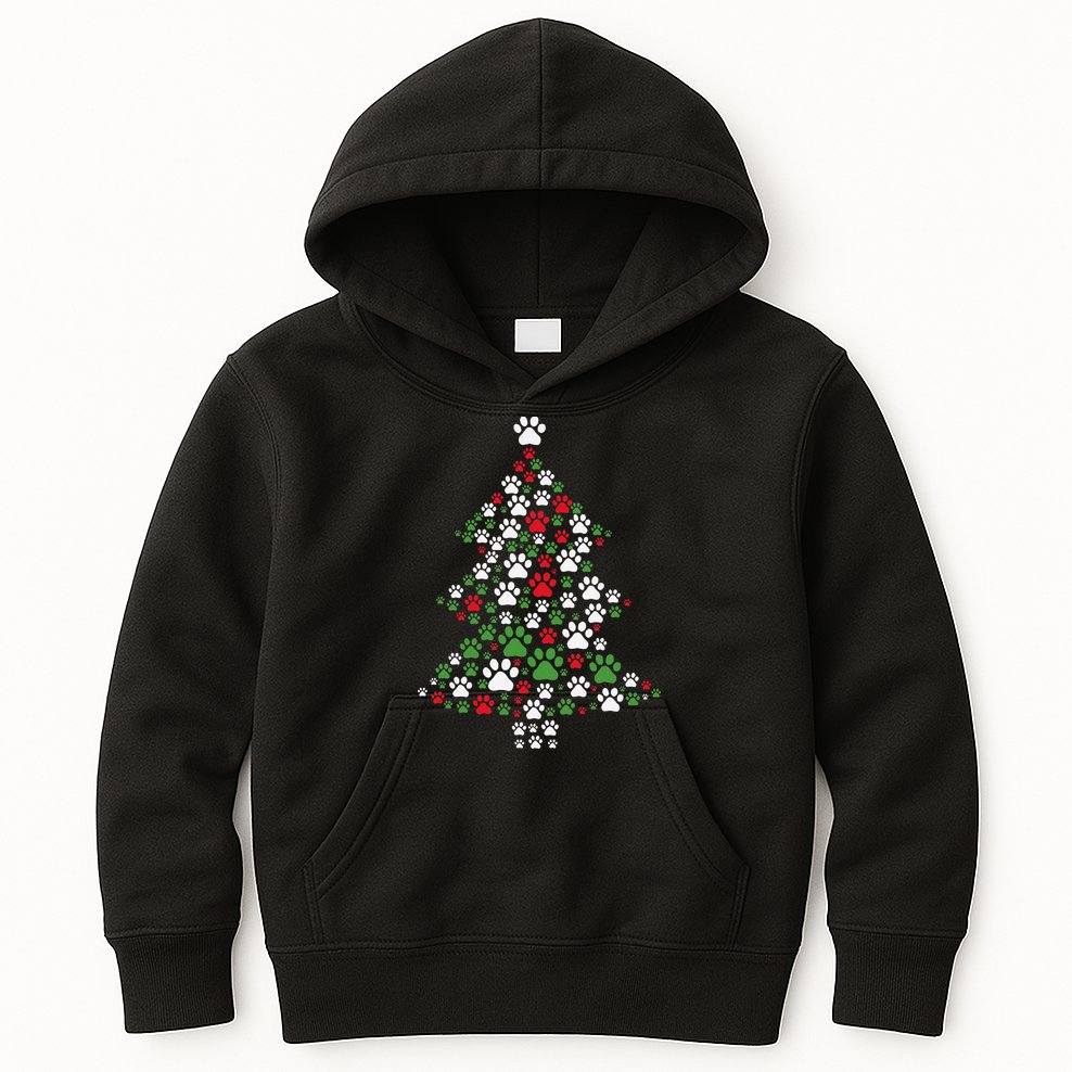 Retro Cute Xmas Dog Paw Print Christmas Tree Puppy Lover Kids Hoodie
