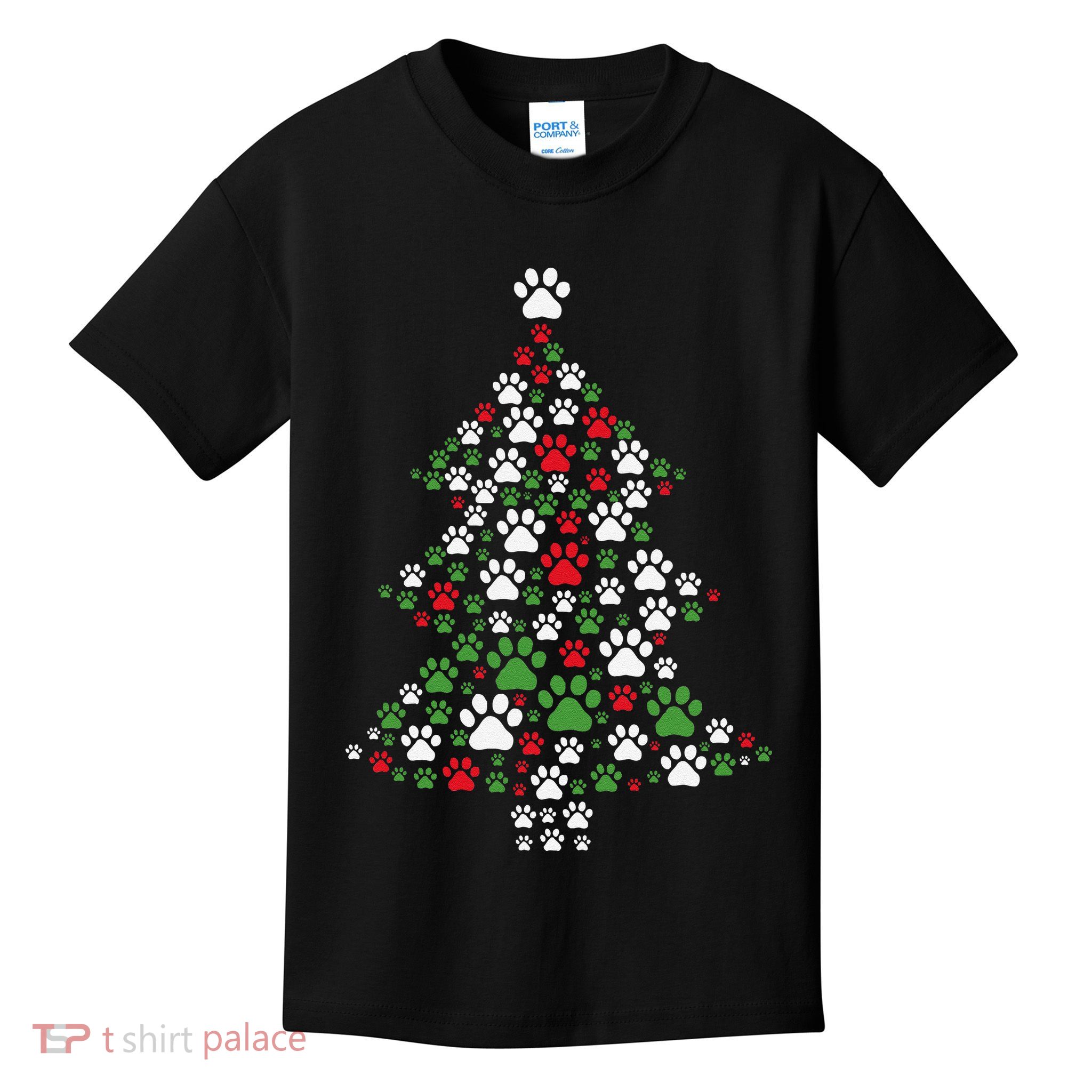 Retro Cute Xmas Dog Paw Print Christmas Tree Puppy Lover Kids T-Shirt