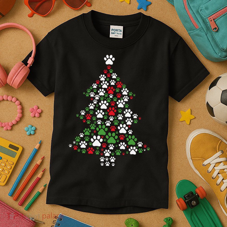 Retro Cute Xmas Dog Paw Print Christmas Tree Puppy Lover Kids T-Shirt
