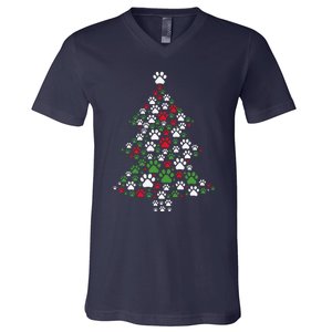 Retro Cute Xmas Dog Paw Print Christmas Tree Puppy Lover V-Neck T-Shirt