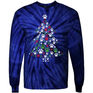 Retro Cute Xmas Dog Paw Print Christmas Tree Puppy Lover Tie-Dye Long Sleeve Shirt