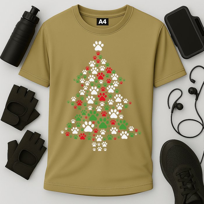 Retro Cute Xmas Dog Paw Print Christmas Tree Puppy Lover Cooling Performance Crew T-Shirt