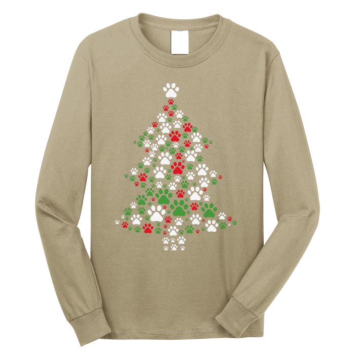 Retro Cute Xmas Dog Paw Print Christmas Tree Puppy Lover Long Sleeve Shirt