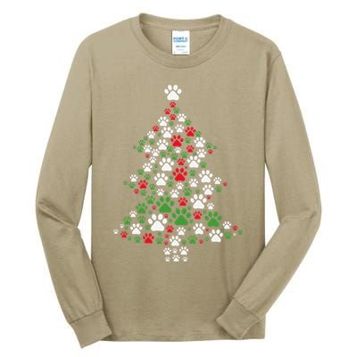 Retro Cute Xmas Dog Paw Print Christmas Tree Puppy Lover Tall Long Sleeve T-Shirt