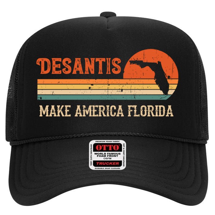 Ron DeSantis 2024 Make America Florida Vintage US Flag High Crown Mesh Back Trucker Hat