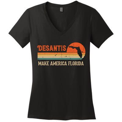 Ron DeSantis 2024 Make America Florida Vintage US Flag Women's V-Neck T-Shirt