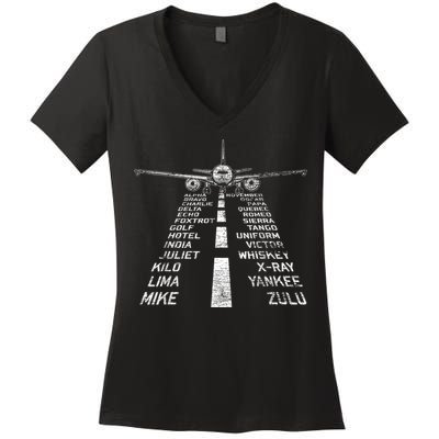 Retro Distressed Aviation Plane Pilot Women's V-Neck T-Shirt