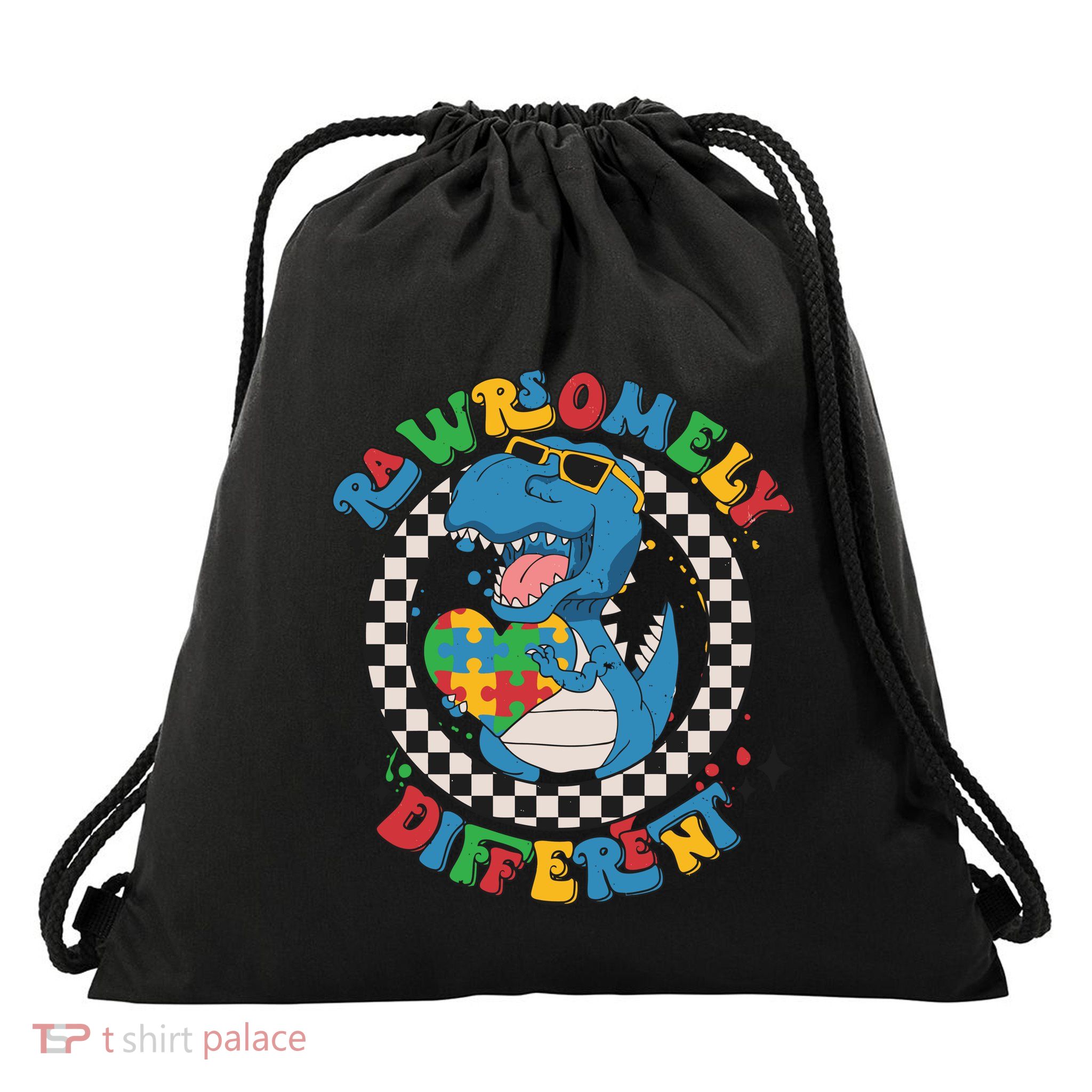 Rawrsomely Different Autism Awareness Dinosaur Drawstring Bag