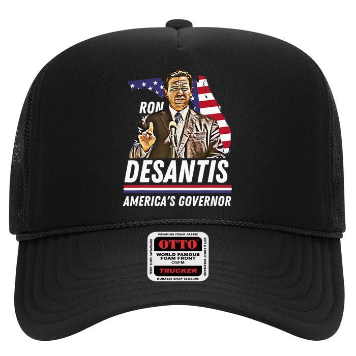 Ron Desantis AmericaS Governor Florida Us Flag High Crown Mesh Back Trucker Hat