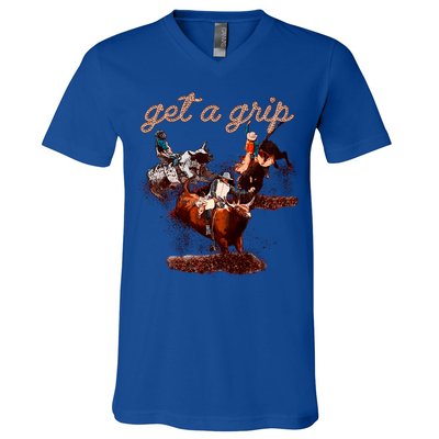 Rodeo Dad Bull Rider Get A Grip Western Country Cowboy Gift V-Neck T-Shirt