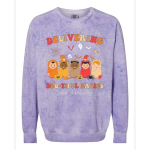 Retro Delivering Bootiful Babies Labor & Delivery Halloween Colorblast Crewneck Sweatshirt