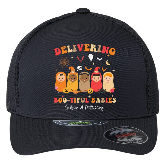 Retro Delivering Bootiful Babies Labor & Delivery Halloween Flexfit Unipanel Trucker Cap