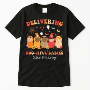 Retro Delivering Bootiful Babies Labor & Delivery Halloween Tall T-Shirt