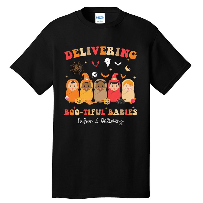 Retro Delivering Bootiful Babies Labor & Delivery Halloween Tall T-Shirt