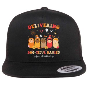 Retro Delivering Bootiful Babies Labor & Delivery Halloween Flat Bill Trucker Hat