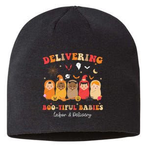 Retro Delivering Bootiful Babies Labor & Delivery Halloween Sustainable Beanie