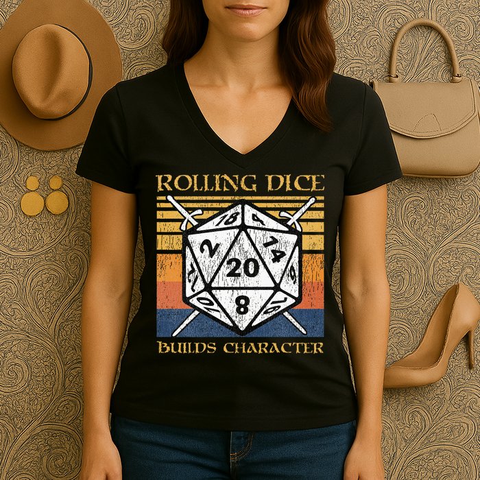 Rolling Dice Builds Character Funny Rpg Tabletop Gamer Women's V-Neck T-Shirt