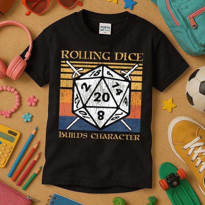 Rolling Dice Builds Character Funny Rpg Tabletop Gamer Kids T-Shirt