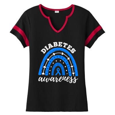 Rainbow Diabetes Blue Ribbon T1D Type 1 Awareness Ladies Halftime Notch Neck Tee