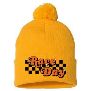 Race Day Checkered Flag Racing Driver Cheer Mama Pom Pom 12in Knit Beanie