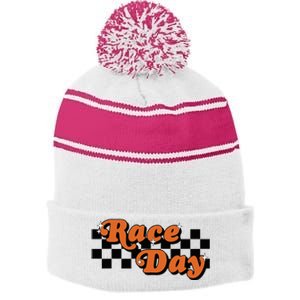 Race Day Checkered Flag Racing Driver Cheer Mama Stripe Pom Pom Beanie